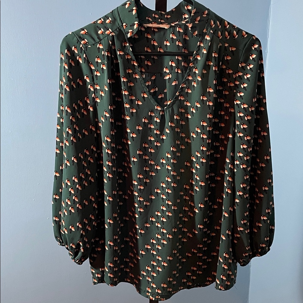 Ezra Dark Green Blouse with Contemporary Bird Design